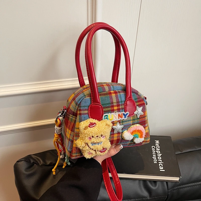复古撞色精致格子ins腊肠狗手提包女小狗高颜值通勤零钱斜跨包