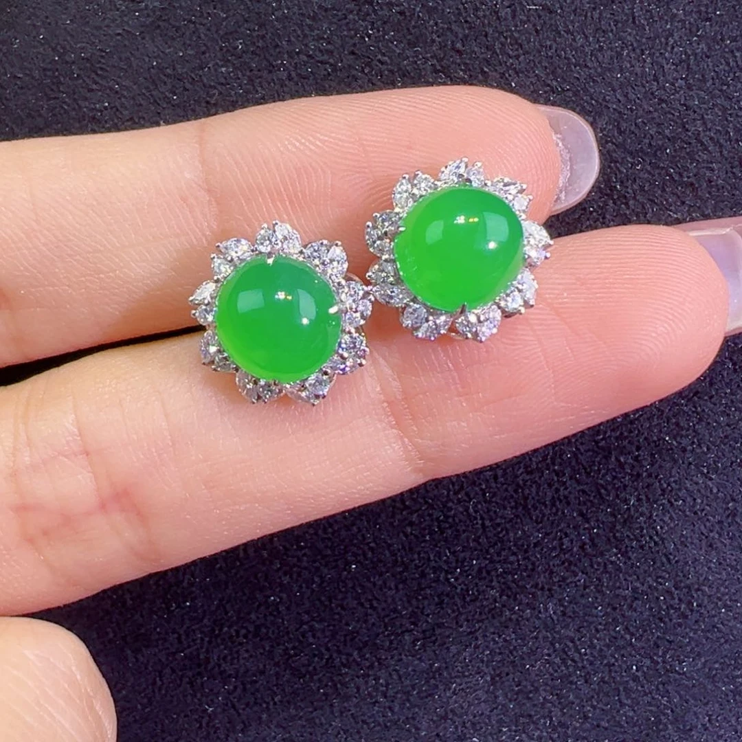 翡翠18K金镶嵌耳饰蛋面