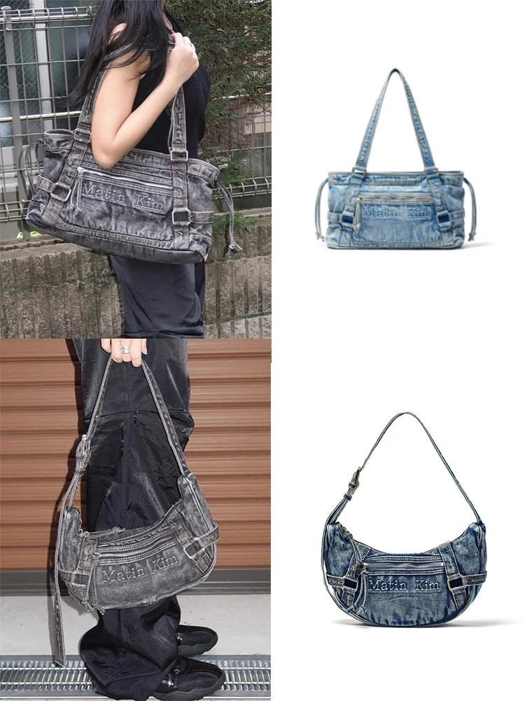 现货韩国新款复古街头水洗做旧牛角包潮流月牙包单肩牛仔托特包