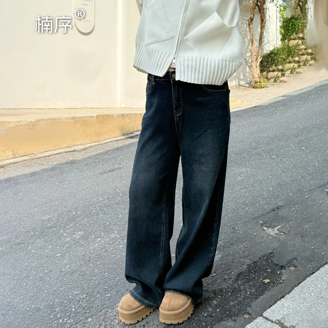 楠序【保命牛仔】源子微胖女装 2025秋冬直筒裤加绒牛仔裤子YZ38059