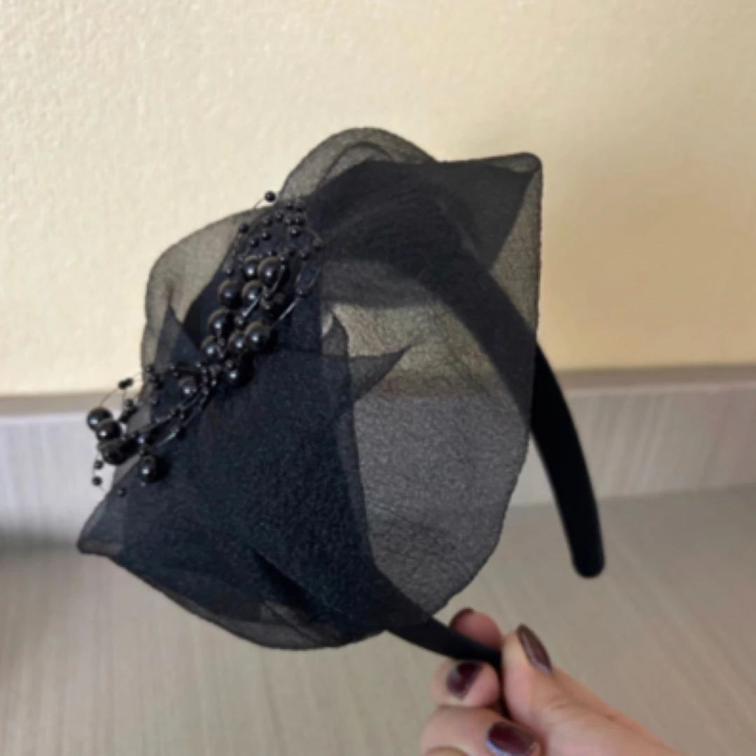 春夏2024新款欧根纱串珠半帽时尚复古遮白发百搭气质礼帽网纱头饰
