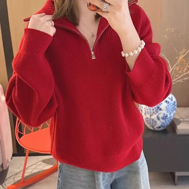 山羊绒秋冬新款高克重元宝针加厚半拉链针织上衣慵懒风翻领女