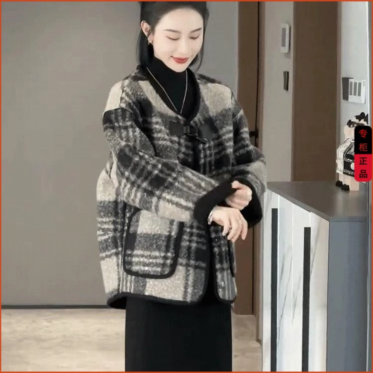 格子撞色气质羊羔毛加绒外套女秋冬季新款韩版宽松显瘦毛呢大衣潮