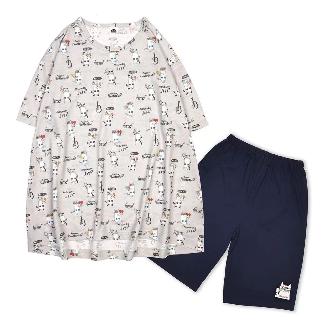 日本kusuguru满印猫咪短袖五分裤睡衣两件套 灰色11132