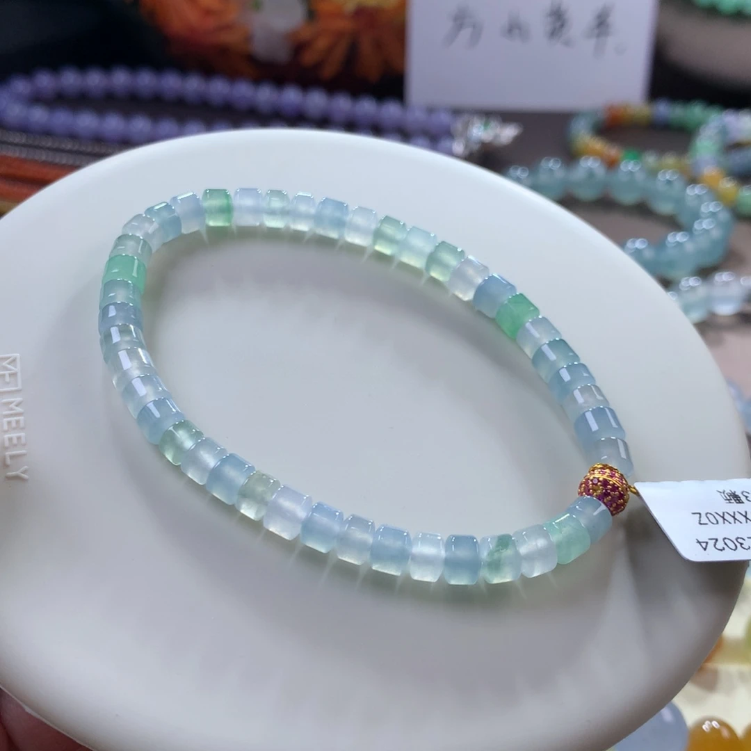 翡翠手链未镶嵌幻彩冰蓝紫小桶珠 卡5加