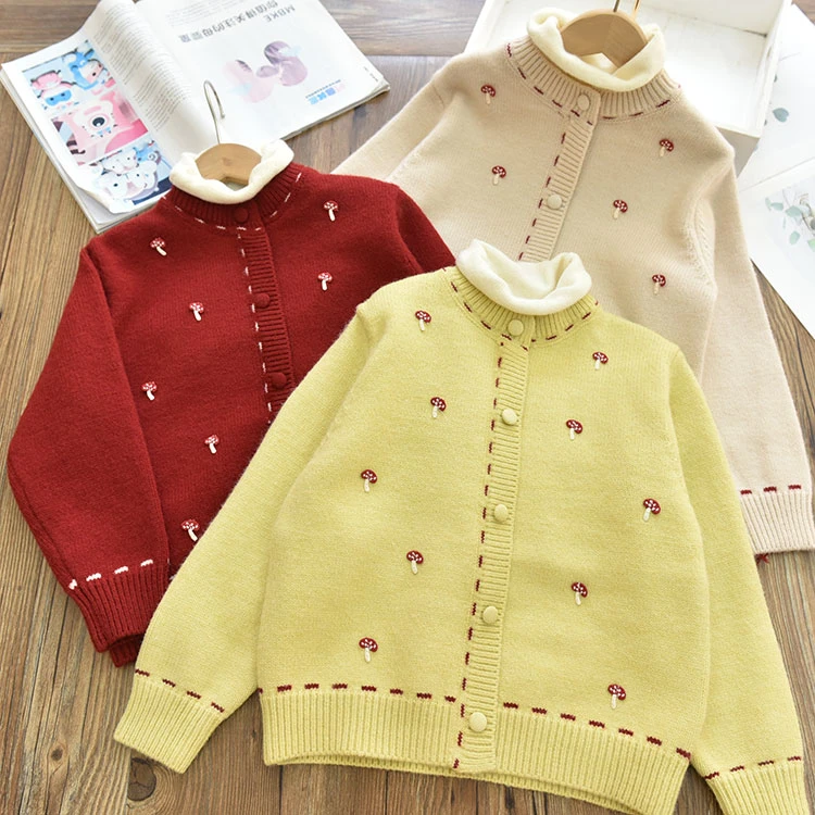 女童新年款拼条线假两件半高领小蘑菇毛衣 中大儿童套头内搭冬