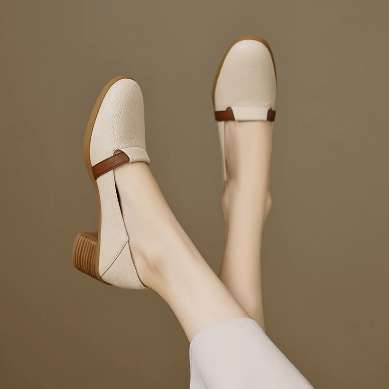 5CM，羊皮粗跟拼色软底单鞋复古防滑休闲鞋百法式粗跟防滑通勤单鞋