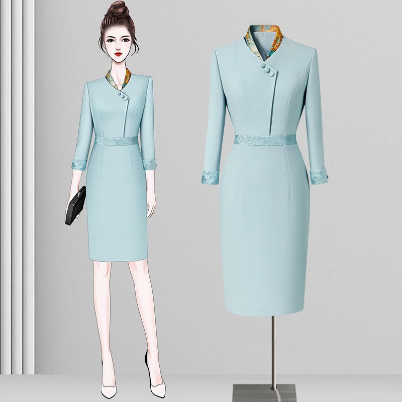 常规袖七分袖中腰拉链案场连衣裙主持人连衣裙蓝色修身套裙