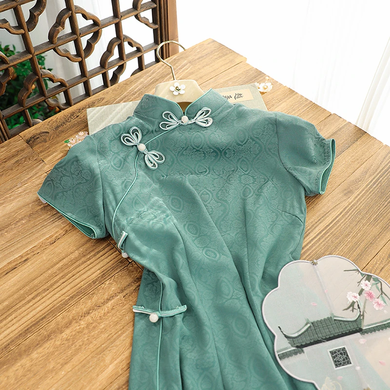 俏娘鱼新中式旗袍国风连衣裙新款青色提花复古风短袖日常可穿改良