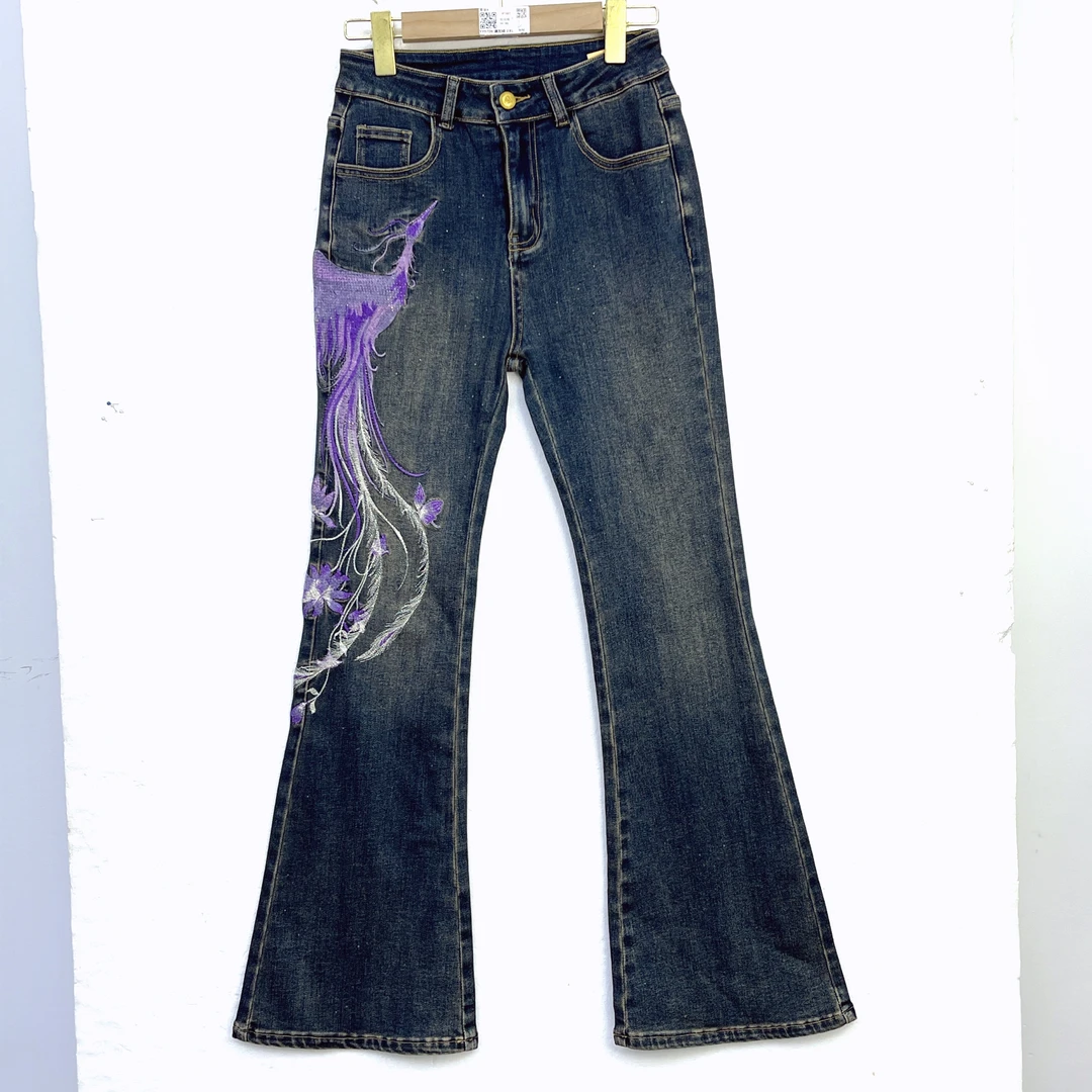 丽丽家 紫色凤凰重工刺绣休闲感牛仔裤A071