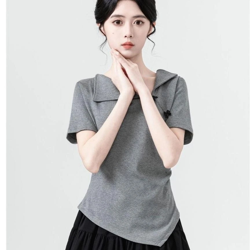 纯欲辣妹风短袖T恤女小众设计感褶皱短款上衣灰色不规则短袖女夏