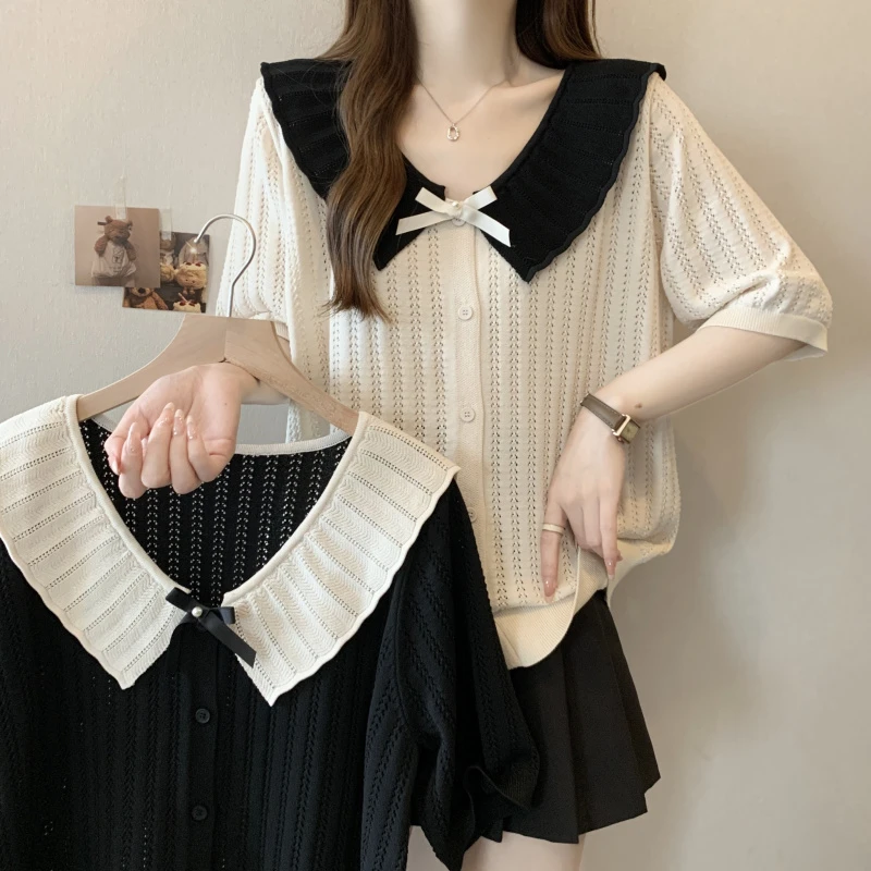 胖mm大码女装娃娃领蝴蝶结设计感镂空短袖针织衫显瘦T恤上衣显瘦