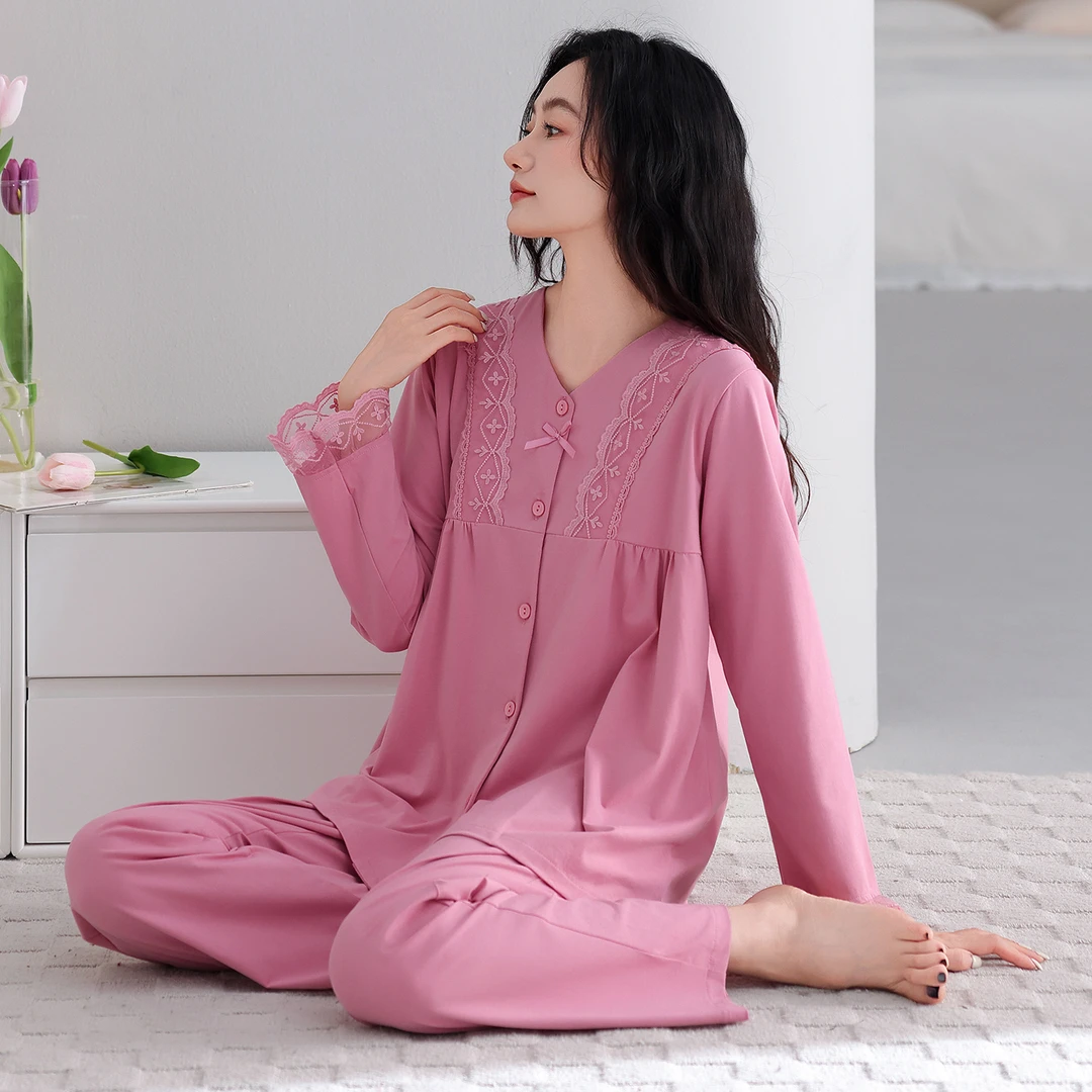 春秋季新款长袖长裤莱卡棉睡衣女宫廷风开衫家居服套装高档可外穿