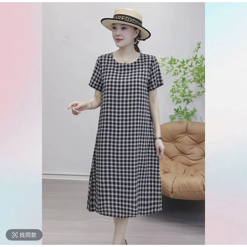 夏季新款高奢格子休闲时尚优雅气质百搭减龄宽松高级感连衣裙