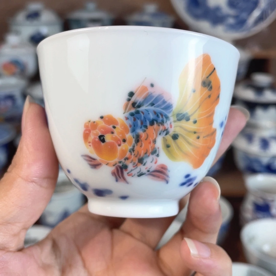 泥藝瓷梦兰寿金鱼直口杯