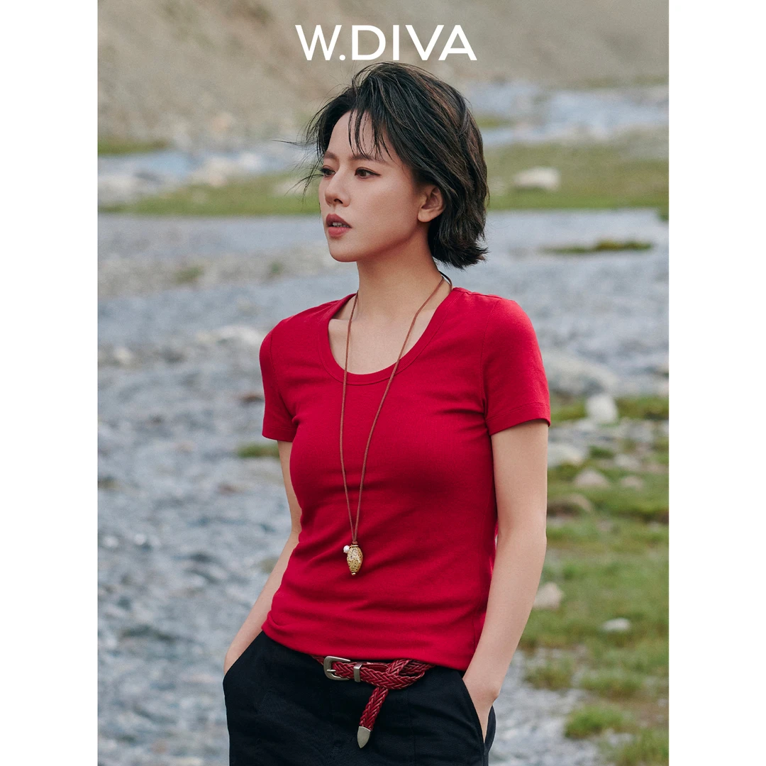 W.Diva【棉棉基础】三色天鹅颈U领短袖T恤纯欲慵懒风女装52T172414