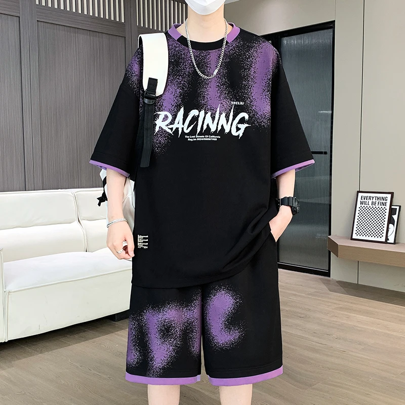 青少年套装冰感短袖T恤男2025夏季新款休闲运动学生帅气一套夏装