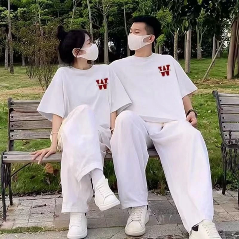 夏季新款情侣短袖男女t恤套装宽松大码百搭学生短袖女ins半袖