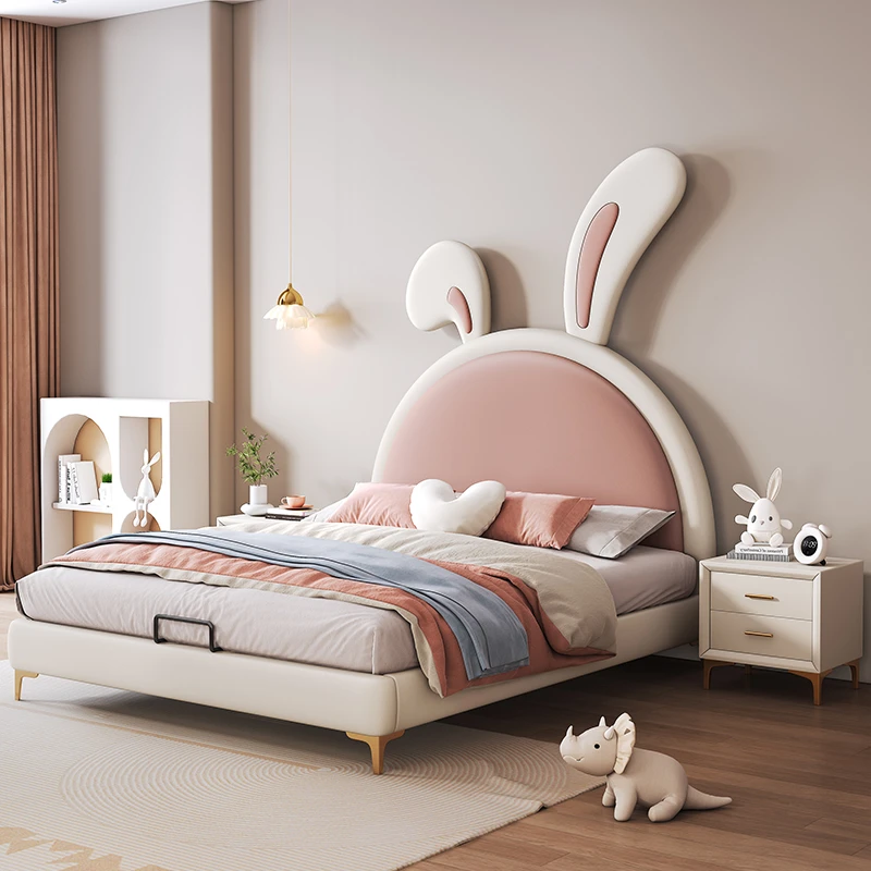 儿童床兔子女孩公主床现代简约实木床儿童房轻奢带储物皮床