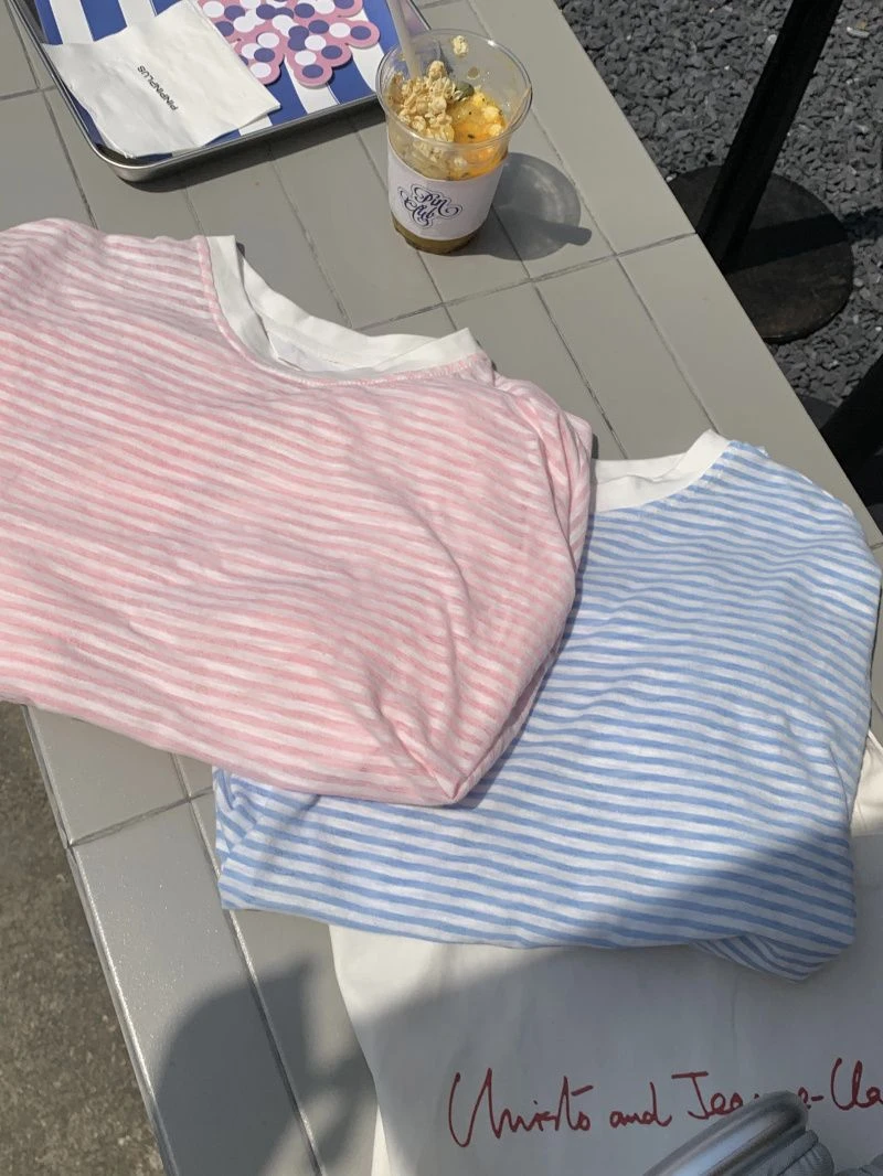 撞色条纹长袖T恤女夏季薄款宽松圆领小众设计感ins防晒罩衫上衣潮