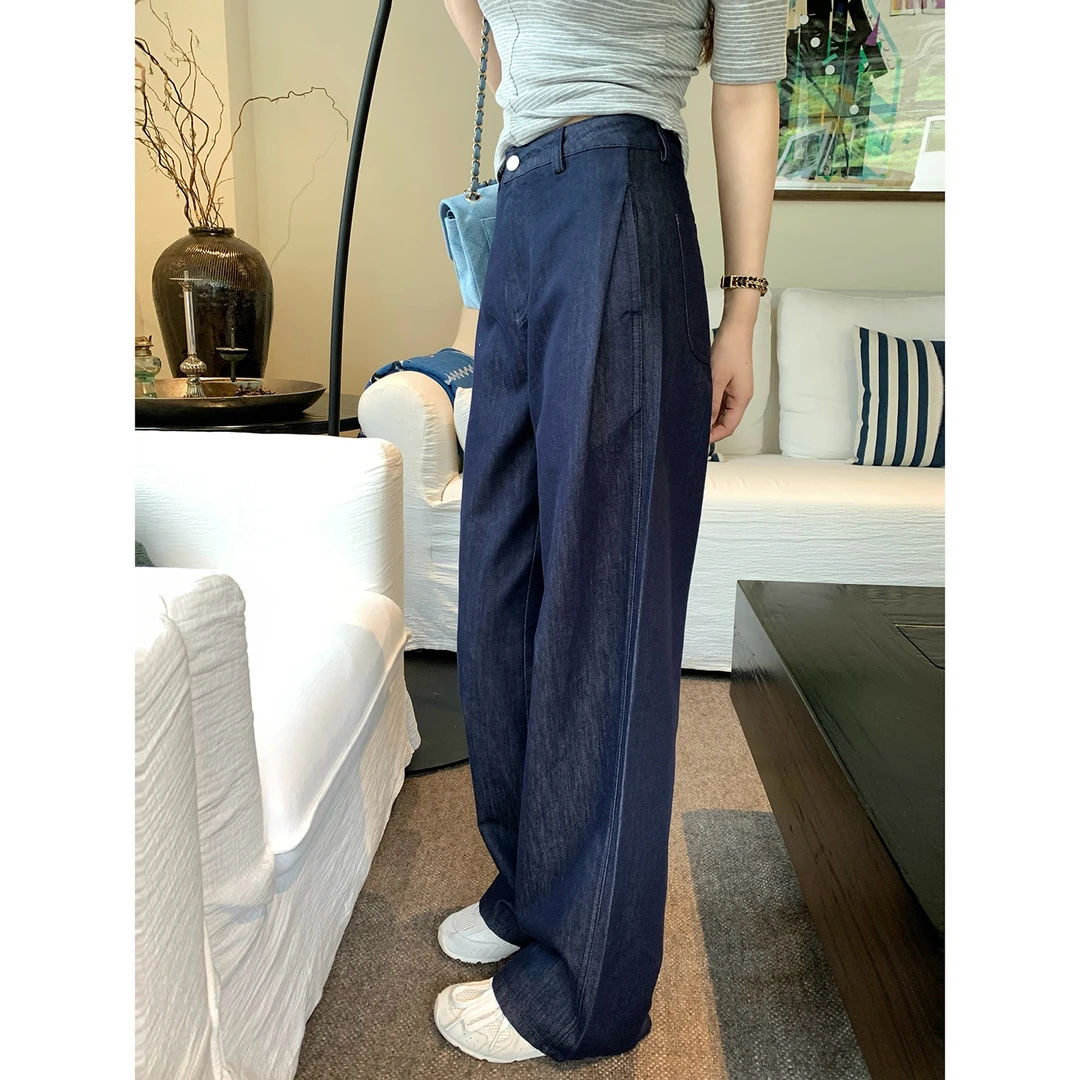 【AHY】爽滑透气轻薄原色牛仔蓝宽松直通休闲牛仔裤新品