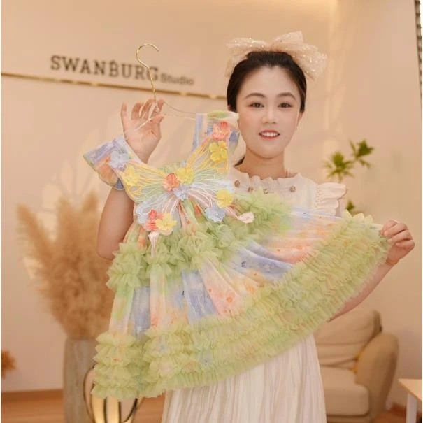 【Y.d8530】25夏季新款女童清新洋气蝴蝶背心裙女宝飞袖碎花连衣裙