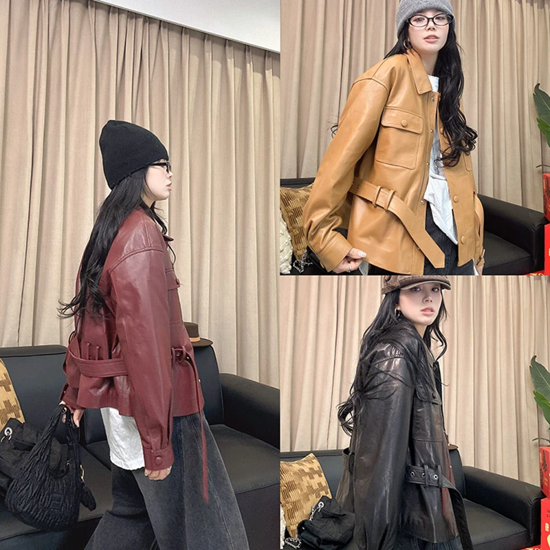 2025秋季新款真皮皮衣女短款翻领绵羊皮夹克外套时尚百搭休闲上衣