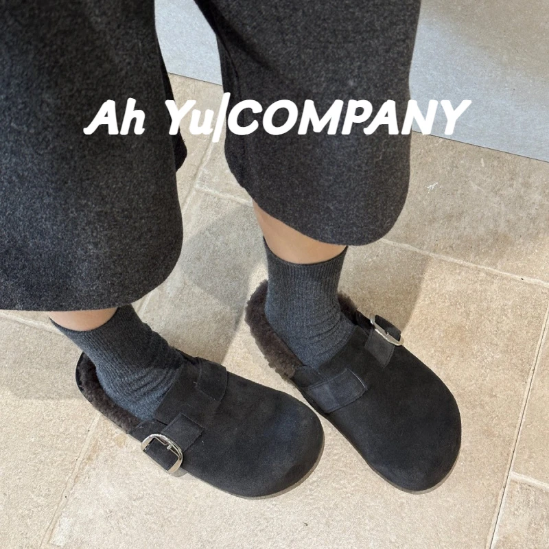 2025秋冬新款厚底保暖勃肯鞋包头懒人半拖鞋真皮时尚加绒棉拖鞋子