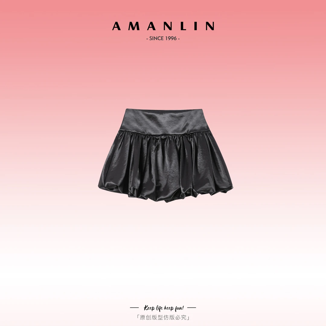 AMANLIN/阿谩琳夏季新品欧若风纯色黑色皮裙辣妹半身短裙F595911
