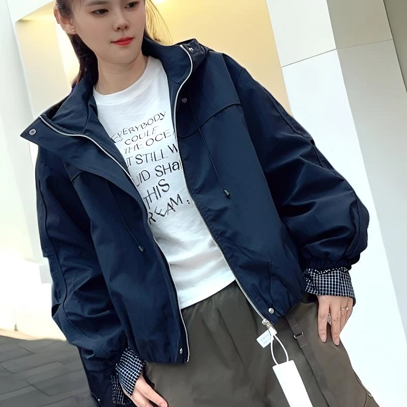 拼接格子袖外套秋季长袖秋装连帽女短款休闲