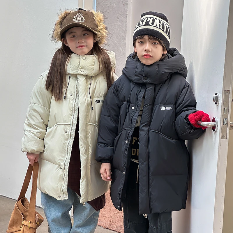 儿童中长款羽绒服洋气加厚中大童外套2025新款男女童冬季纯色童装