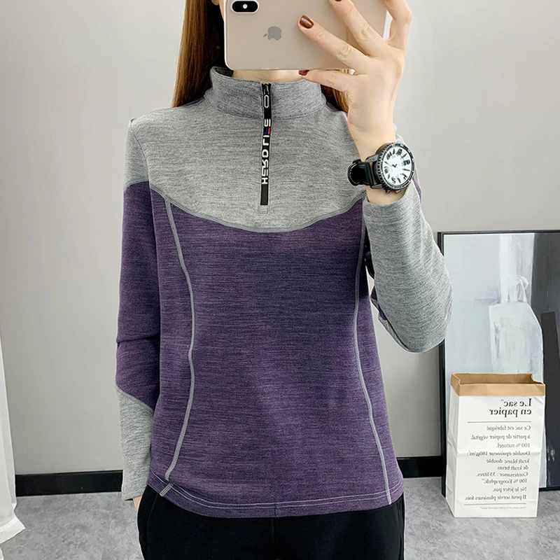 新秋冬户外加绒弹力长袖速干衣女保暖宽松运动休闲打底衫立领卫衣