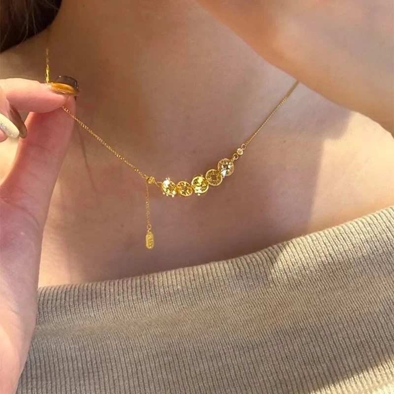 铜合金项链 新中式碎碎冰五帝钱招财盘缠项链女精致百搭锁骨链