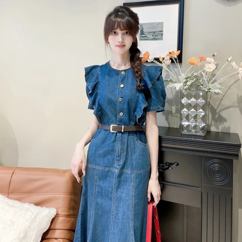 复古设计感牛仔连衣裙夏款裙时尚气质洋气收腰牛仔裙子SZ1900182
