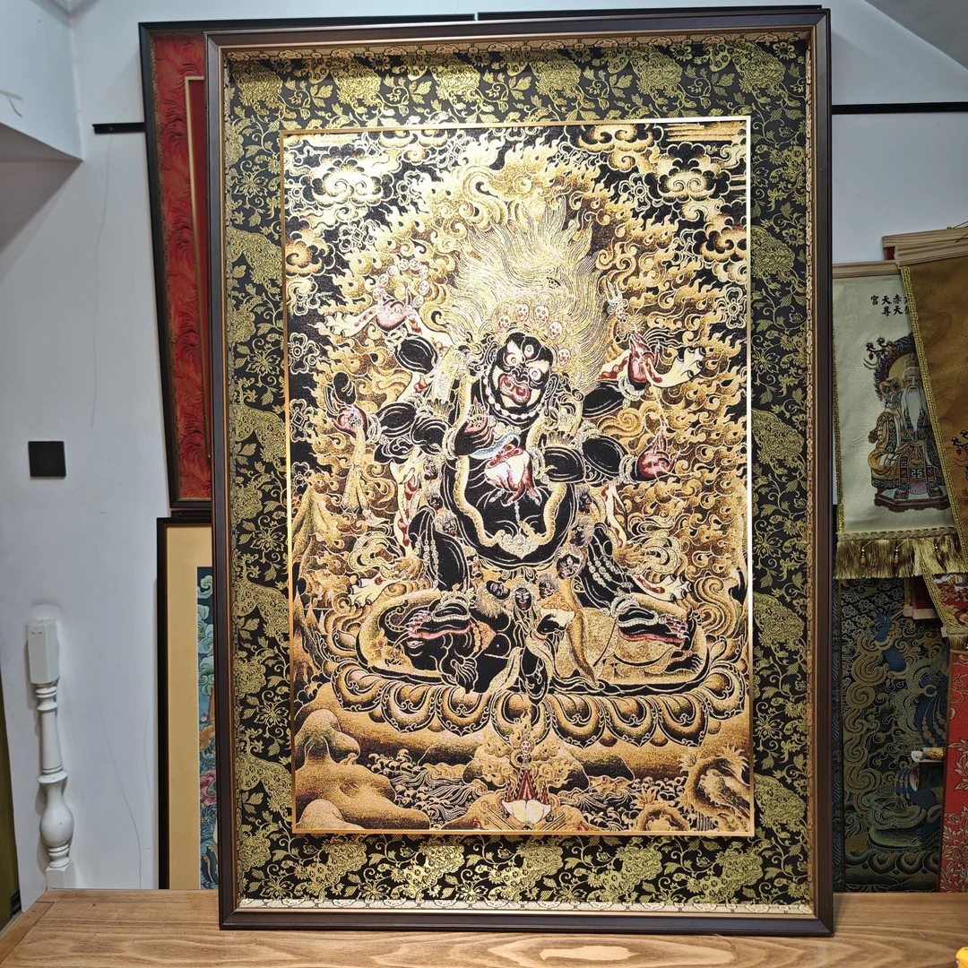 刺绣六臂玛哈嘎拉唐卡装饰画办公室茶室玄关客厅背景挂