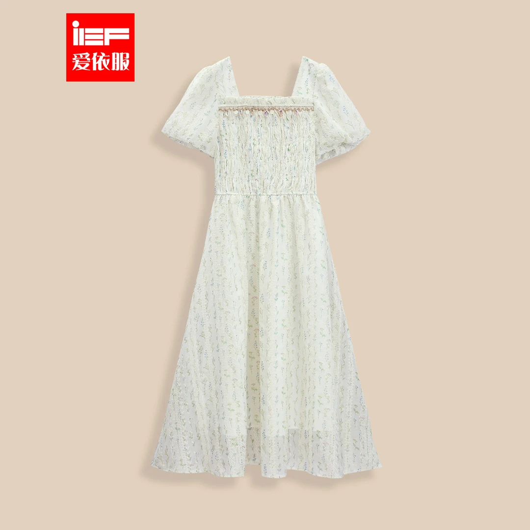 IEF/爱依服2025新款夏季法式清新夏日花影斑驳刺绣梭织连衣长裙