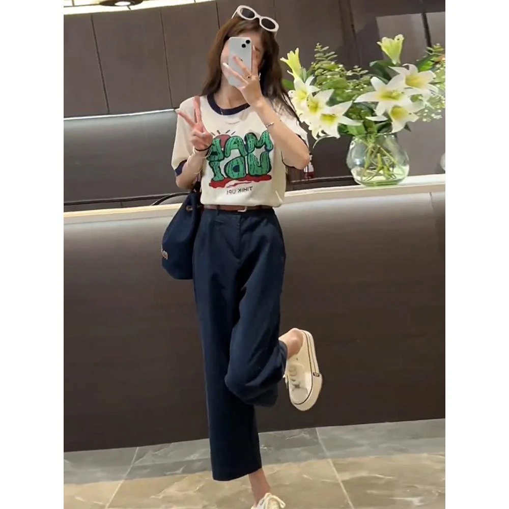 今年流行时尚套装女夏季新款欧货宽松印花字母短袖t恤+休闲直筒裤