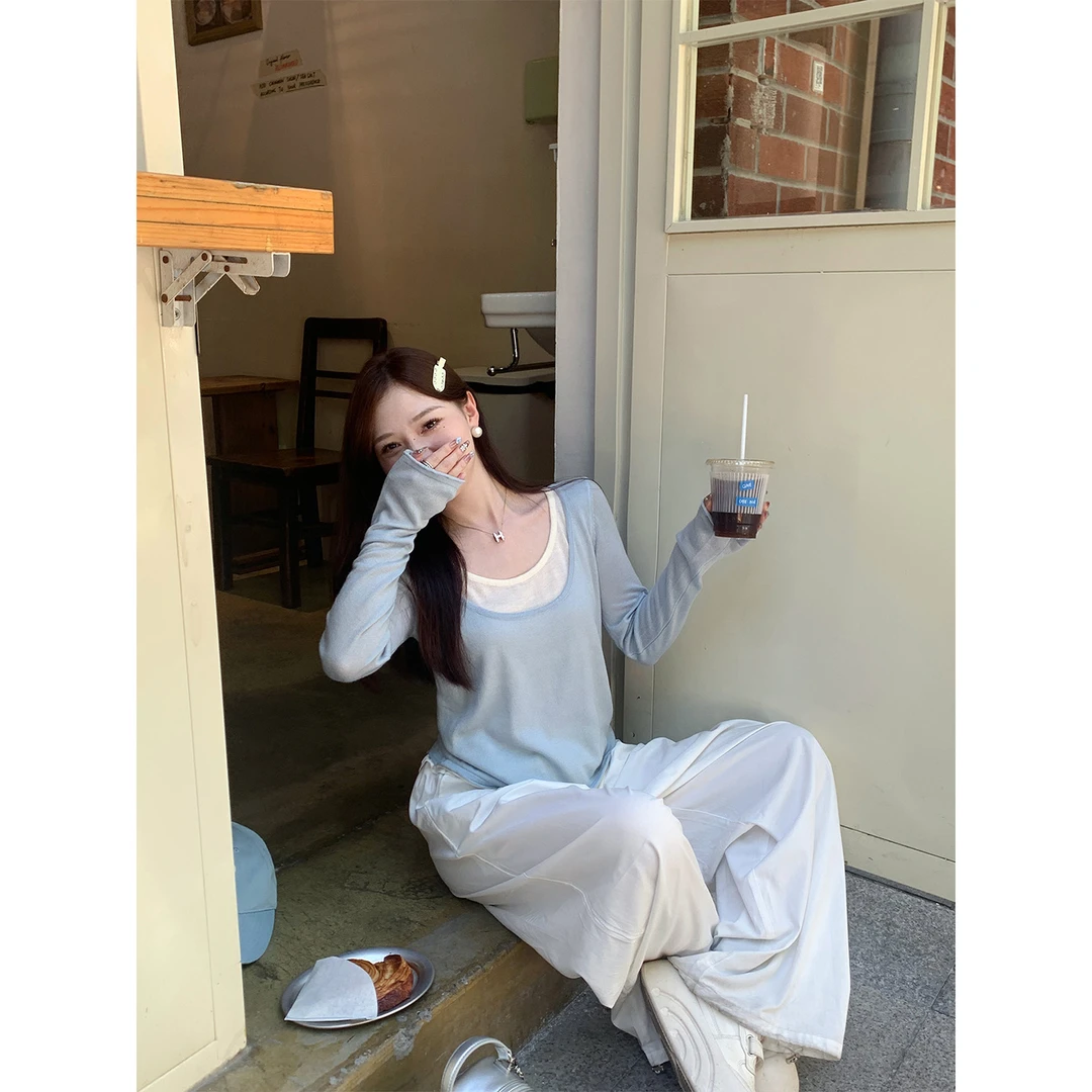 蓝色假两件针织衫女2025新款春秋韩系打底衫独特漂亮小衫薄款上衣