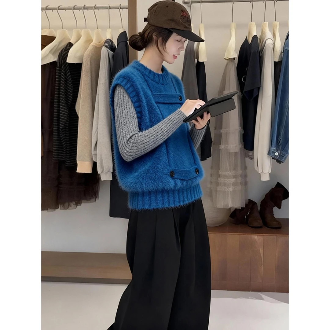 韩系慵懒chic时尚洋气时髦独特超好看减龄显瘦克莱因蓝色针织马甲