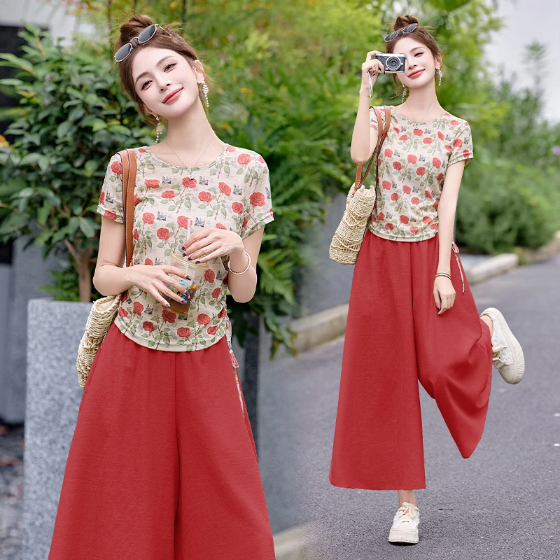 法式复古印花收腰套装女2025夏季新款设计感洋气休闲阔腿裤两件套