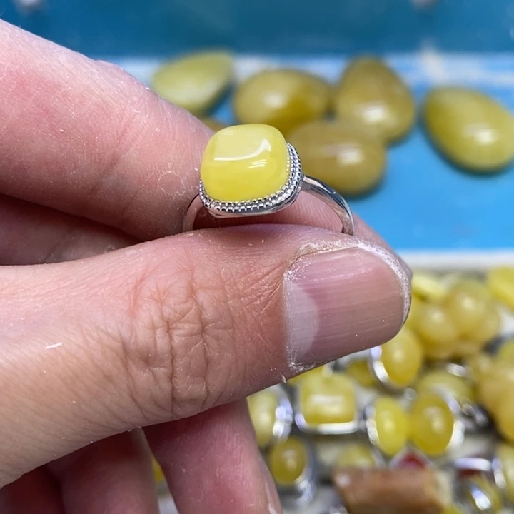 蜜蜡裸石银S925镶嵌戒指