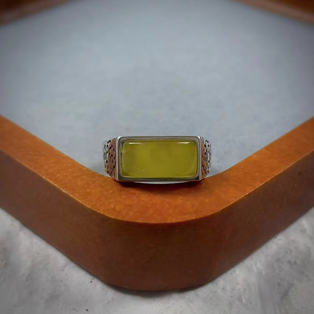 【小两口】轻韵-祥云天然琥珀蜜蜡戒指S925银马鞍戒爆款时尚简约