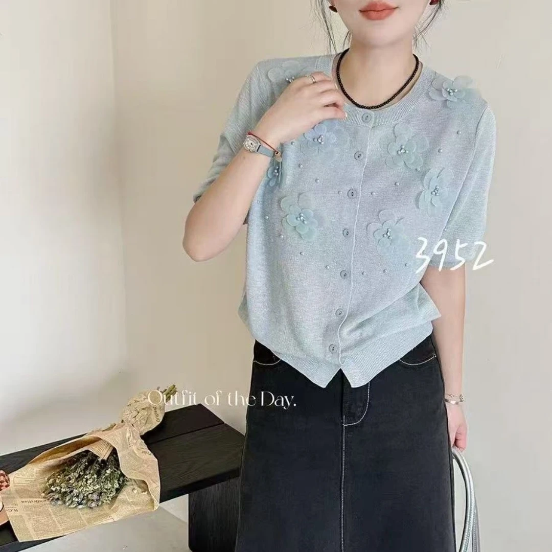 和纸纱！花开半夏&春夏新款重工时尚百搭T恤衫夏季开衫上衣7633