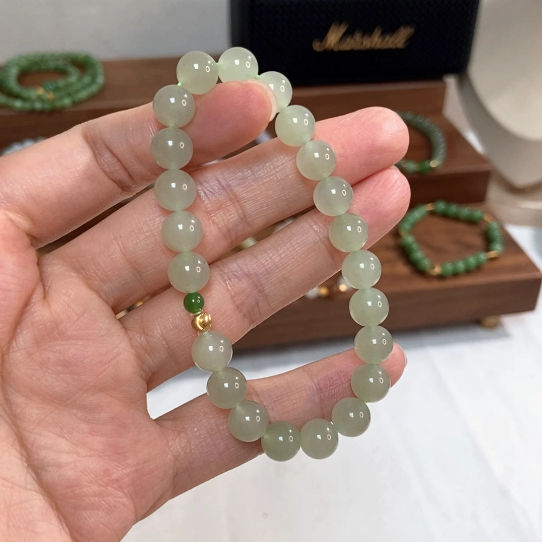 手链18K金镶嵌和田玉8mm晴水茶晴