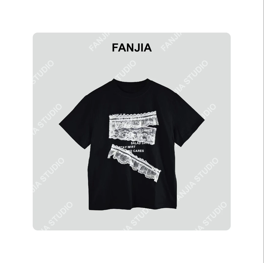 蕾丝花边拼接印花字母短袖T恤女宽松洋气休闲百搭春夏款轻奢