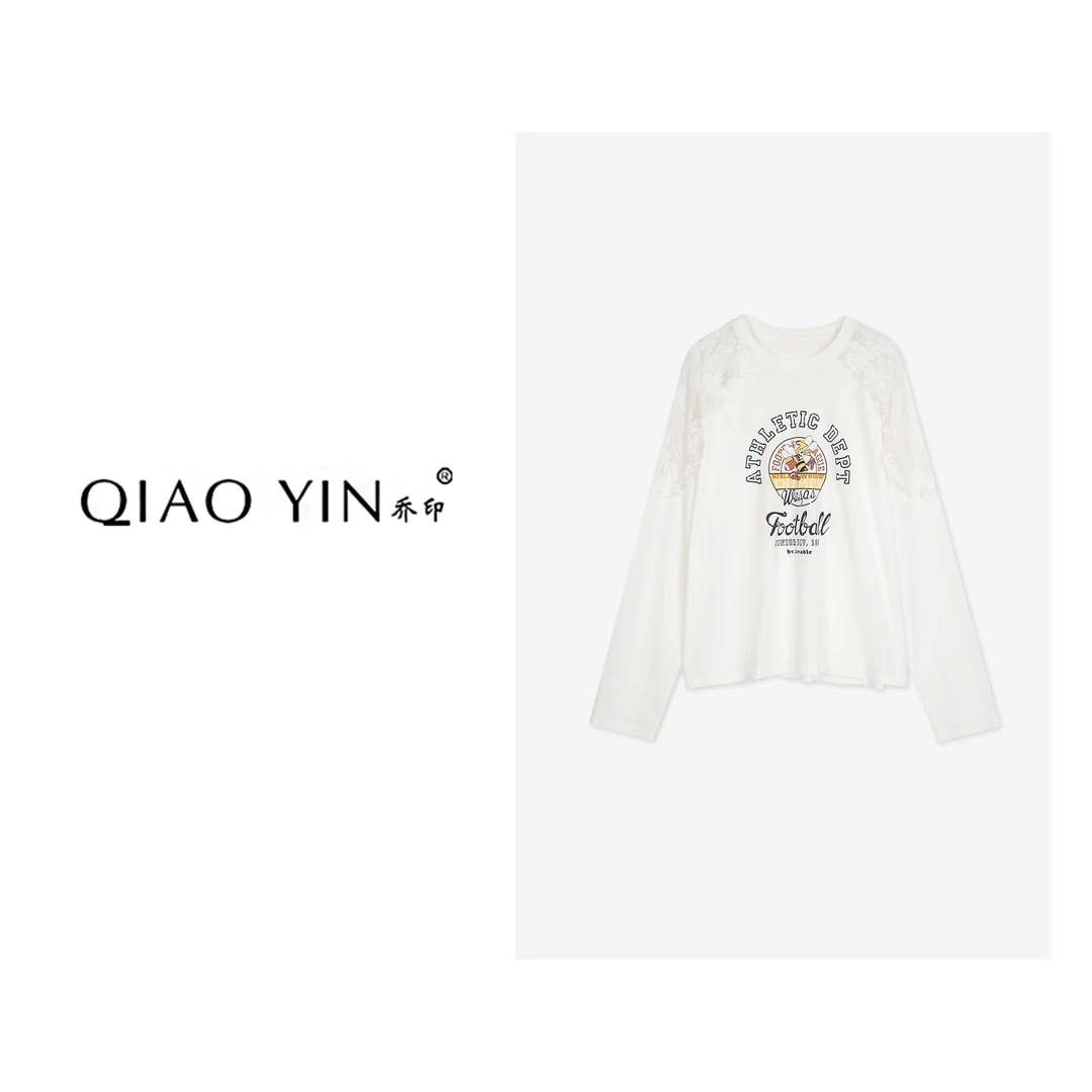 QIAO YIN“T恤”长袖时尚休闲印花圆领拼接宽松QY26802