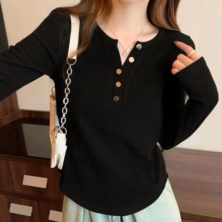 胖MM青岚 58长袖秋季大码显瘦宽松百搭小众设计感韩版v领纽扣T恤