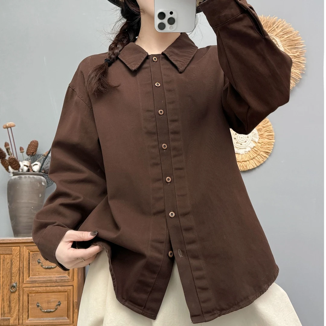 全额运费补贴时髦气质秋冬季厚款三折门襟磨毛咖啡色显白女士衬衫