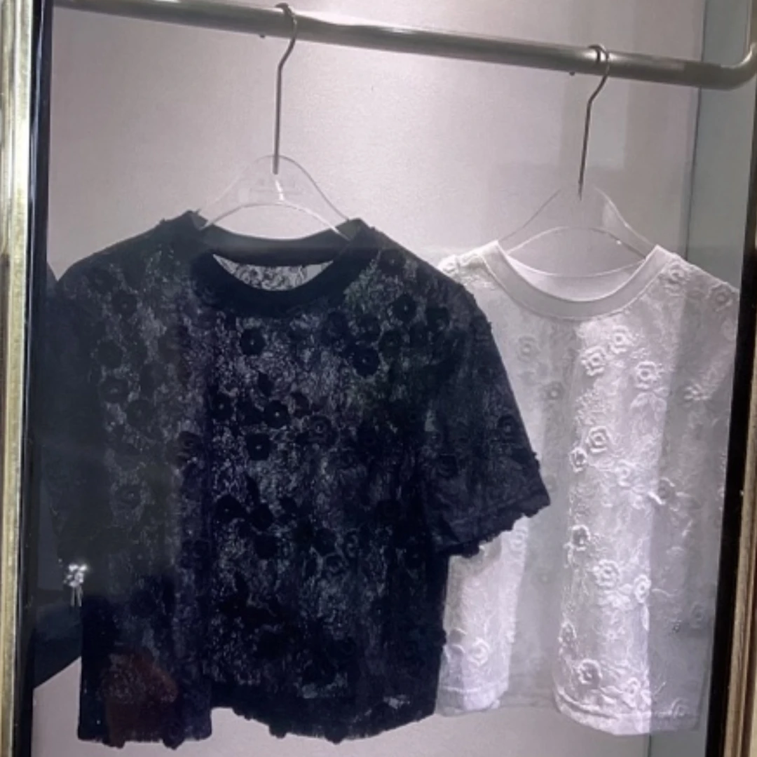 【玫瑰缘】欧货正版温婉风百搭网花纯色女人味微透花朵短袖短款上衣