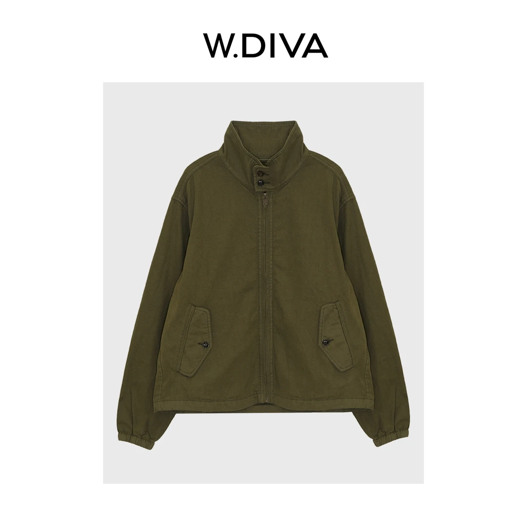 W.Diva【律曲】港风亚麻哈灵顿夹克个性拉链立领外套老钱53C182466